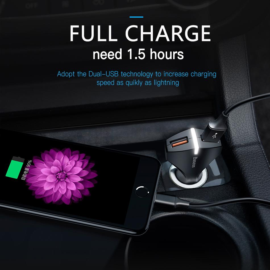 Baseus  Charge 3.0 Car Charger 5V3A Dual USB Port QC3.0 Quick Charger Mobile Phone Fast Charging Charger 2 USB Car-Charger