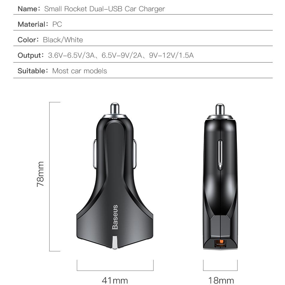 Baseus  Charge 3.0 Car Charger 5V3A Dual USB Port QC3.0 Quick Charger Mobile Phone Fast Charging Charger 2 USB Car-Charger