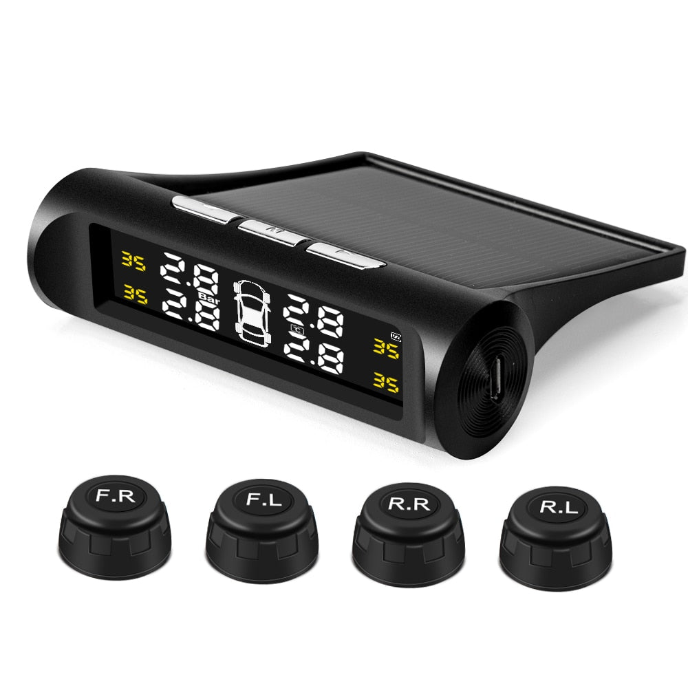 Sistema de monitoreo de presión de neumáticos TPMS para automóvil inteligente con energía solar, pantalla LCD digital TMPS, alarma de seguridad automática con USB, sensor de presión de neumáticos