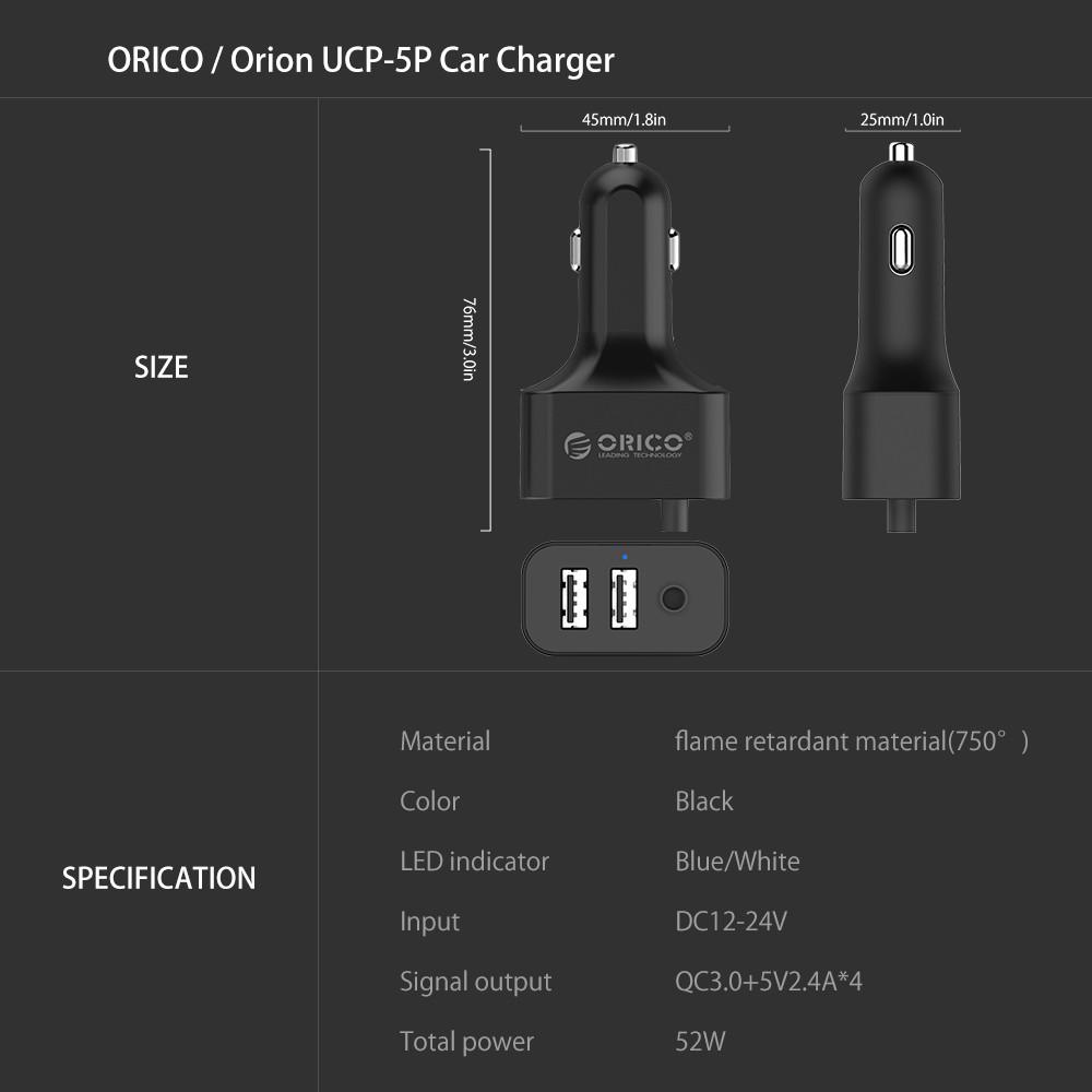 Cargador de coche portátil ORICO UCP-5P de 52 W con expansor Cargador de coche Quick Charge 3.0 de 5 puertos para sus necesidades MPV Coche 