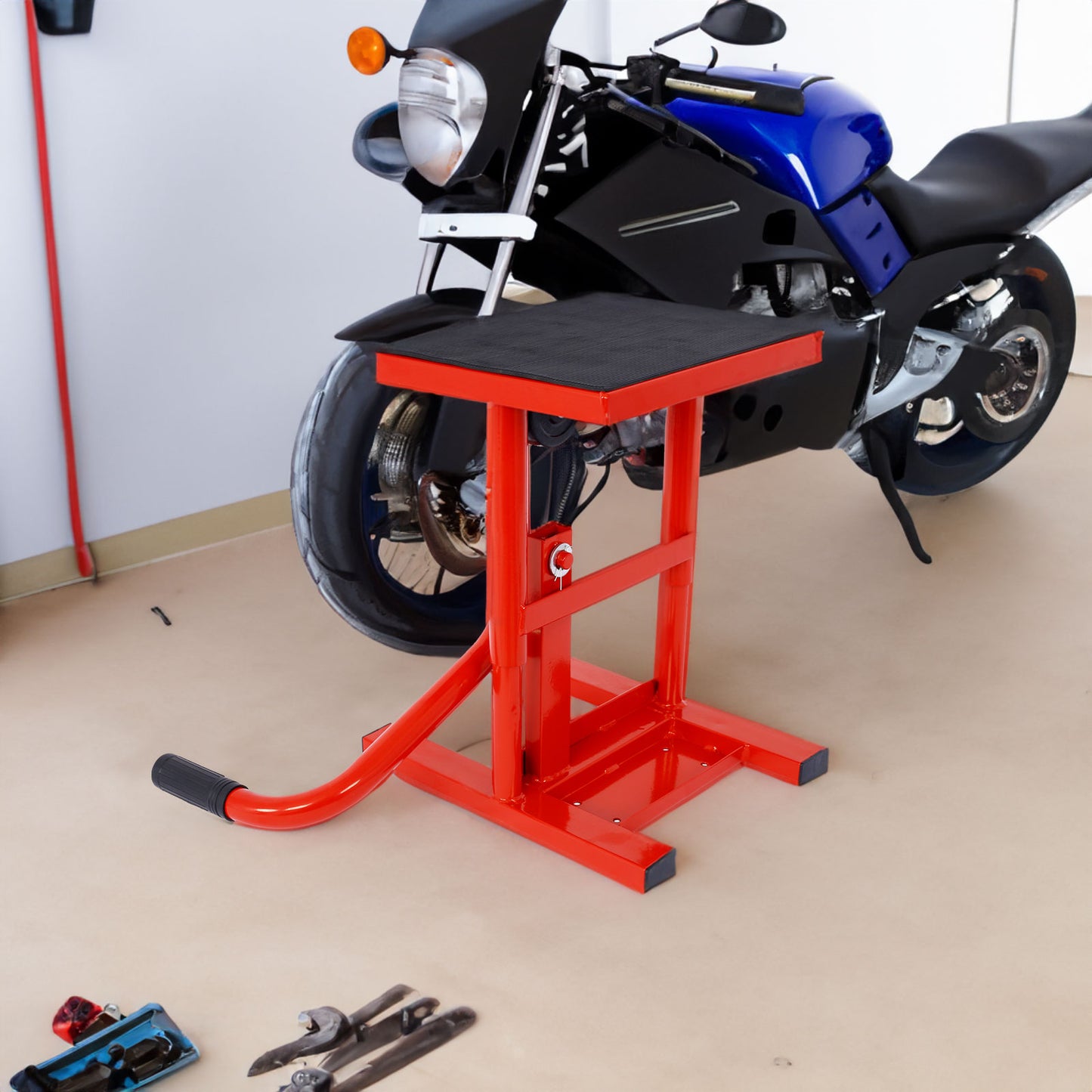 Soportes y elevadores para motocicletas y motos de cross Soporte de gato Elevador de acero de 11" a 16,5" Altura ajustable Capacidad de carga de 330 libras Acero resistente