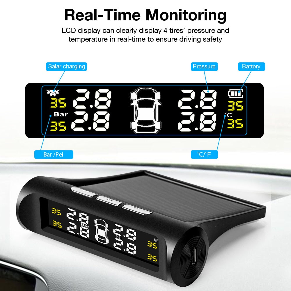 Sistema de monitoreo de presión de neumáticos TPMS para automóvil inteligente con energía solar, pantalla LCD digital TMPS, alarma de seguridad automática con USB, sensor de presión de neumáticos