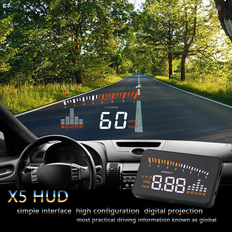 X5 Car HUD Head Up Display OBD II EOBD Sistema de advertencia de exceso de velocidad con coincidencia automática Proyector Parabrisas Voltaje del automóvil Alarma de velocidad