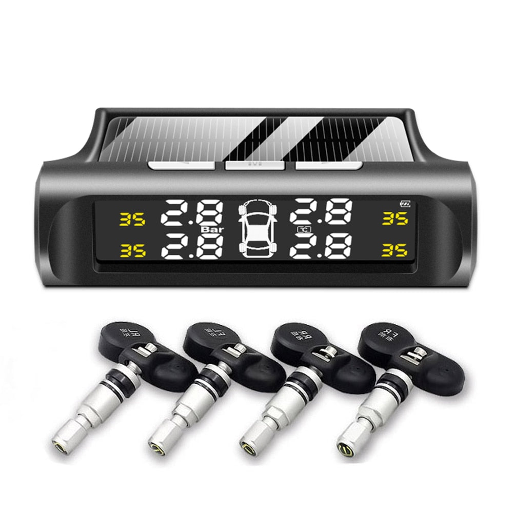 Sistema de monitoreo de presión de neumáticos TPMS para automóvil inteligente con energía solar, pantalla LCD digital TMPS, alarma de seguridad automática con USB, sensor de presión de neumáticos