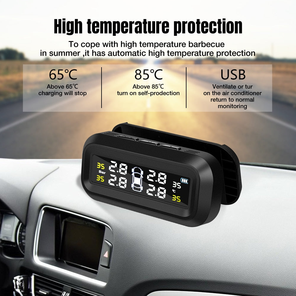 Sistema de monitoreo de presión de neumáticos TPMS para automóvil inteligente con energía solar, pantalla LCD digital TMPS, alarma de seguridad automática con USB, sensor de presión de neumáticos