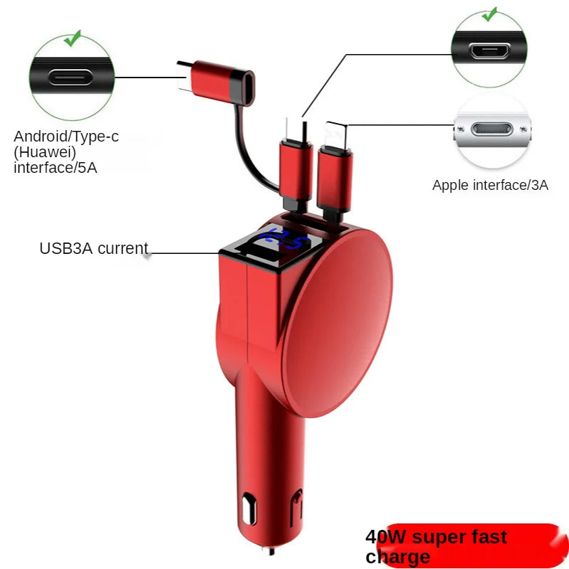 Cargador de coche 3 en 1 Vogek de 60 W, carga superrápida para iPhone, Xiaomi, Huawei y Samsung con cables de carga telescópicos y adaptadores