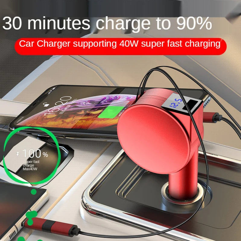 Cargador de coche 3 en 1 Vogek de 60 W, carga superrápida para iPhone, Xiaomi, Huawei y Samsung con cables de carga telescópicos y adaptadores